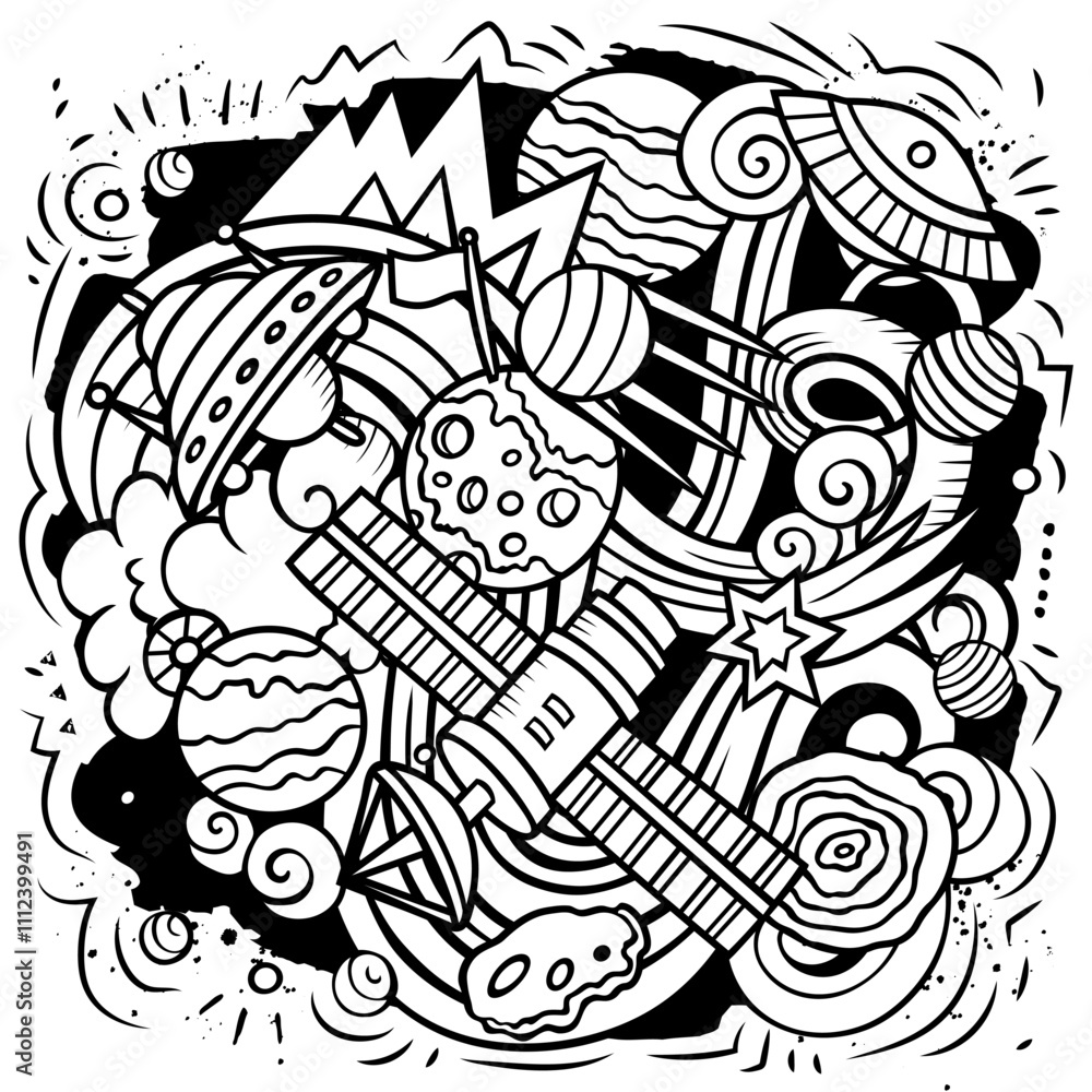 Space cartoon vector illustration. Funny detailed composition with a lot of Cosmos objects and symbols Space cartoon vector illustration. Funny detailed composition with a lot of Cosmos objects and symbols