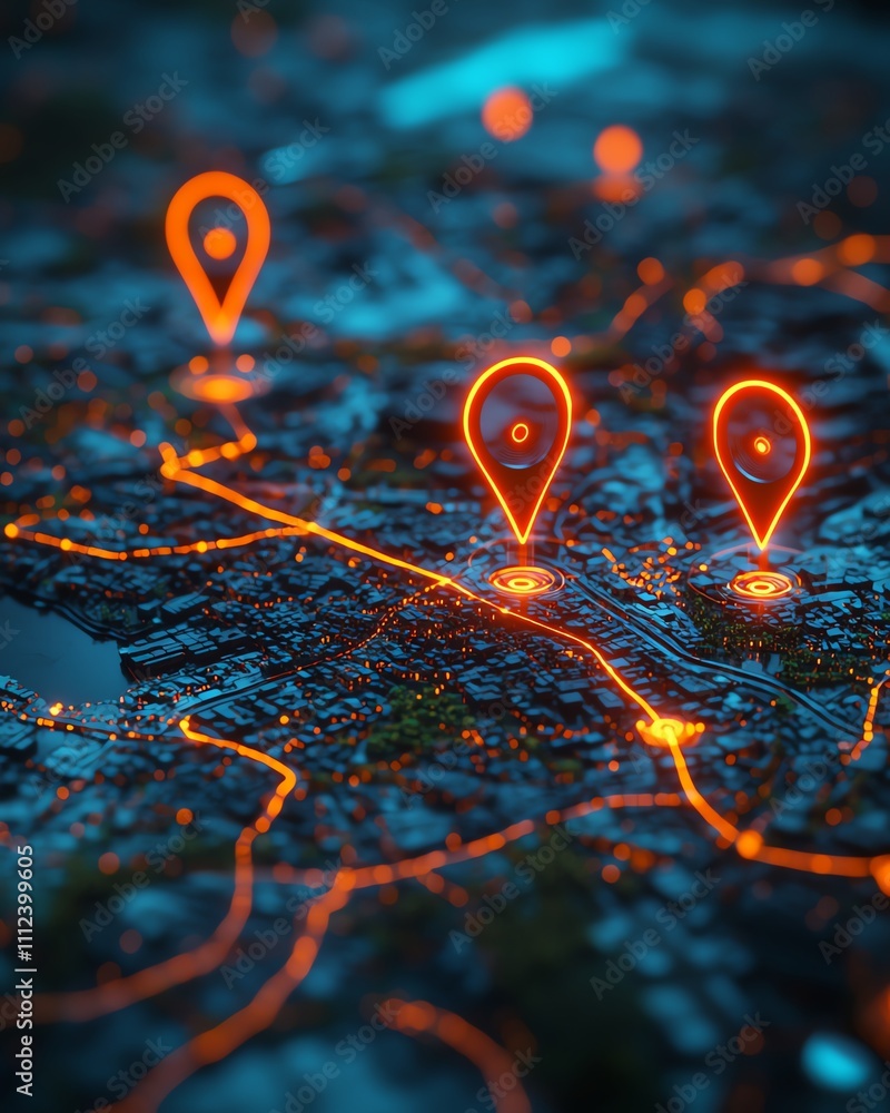Highaltitude image of land plots with glowing digital markers and network lines, visualizing the concept of land area mapping and modern spatial technologies Highaltitude image of land plots with glowing digital markers and network lines, visualizing the concept of land area mapping and modern spatial technologies