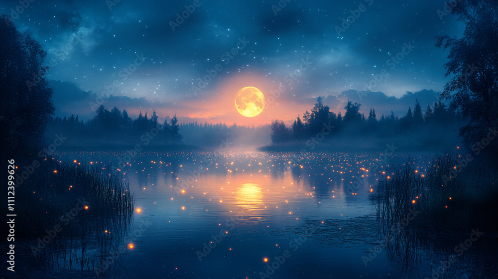 Fototapeta premium A luminous moon reflected in a tranquil lake surr_0294
