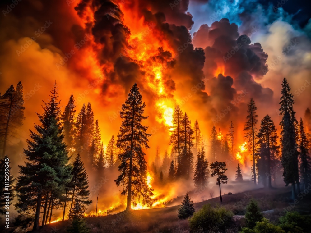 Intense Nighttime Forest Fire Illuminating the Darkness with Flames and Smoke, Showcasing the Devastation of Nature's Beauty, Emphasizing the Urgency of Fire Safety Awareness Intense Nighttime Forest Fire Illuminating the Darkness with Flames and Smoke, Showcasing the Devastation of Nature's Beauty, Emphasizing the Urgency of Fire Safety Awareness