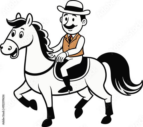 Gentleman on Horseback: A charming vintage illustration of a man in a waistcoat and hat riding a horse