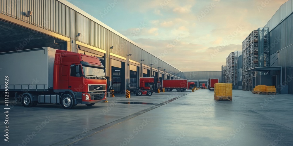 Logistics Hub at Sunset: Efficient Trucking and Warehouse Operations Logistics Hub at Sunset: Efficient Trucking and Warehouse Operations