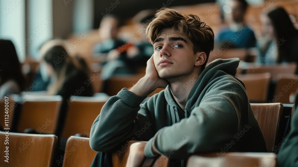 Fototapeta premium Student in Lecture Hall Deep in Thought While Sitting Among Classmates in University Setting