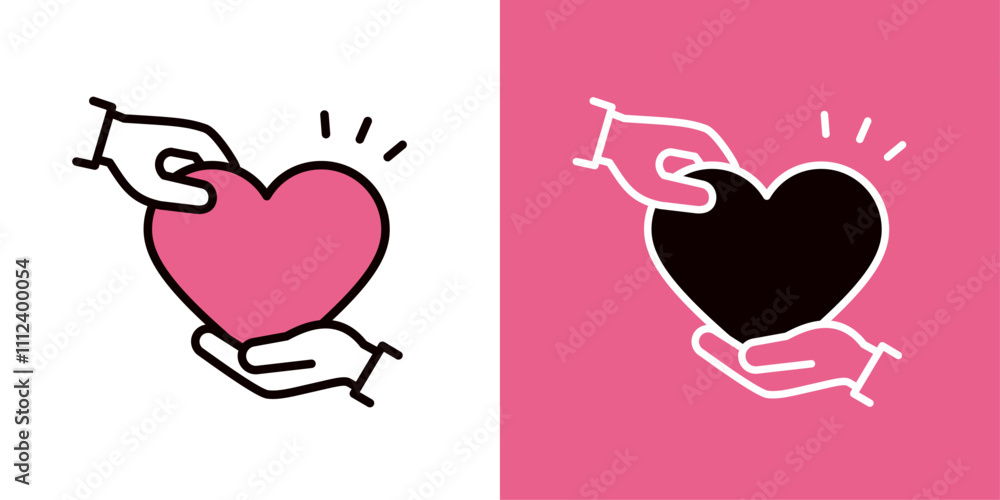 Fototapeta premium ハートを手から手へ渡すアイコン＿手とハートのマーク＿コピースペース＿太い線＿びっくり