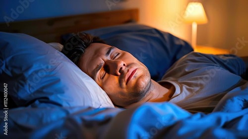 Person lying in bed with half-closed eyes, surrounded by dim light and shadows, symbolizing irregular sleep patterns and lack of restful sleep. photo