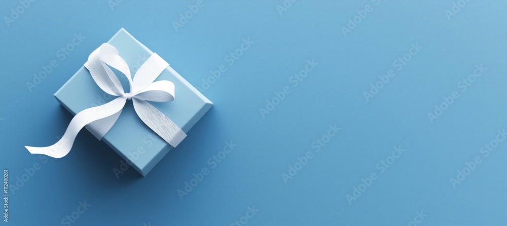 Gift Box with White Ribbon on Blue Background Gift Box with White Ribbon on Blue Background
