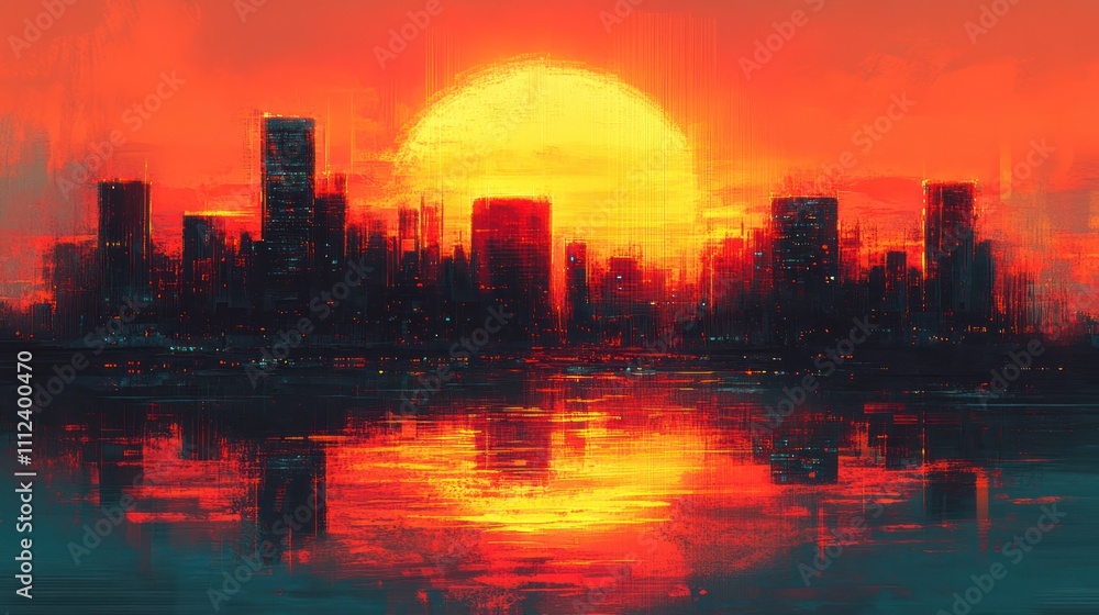 A large red sun sets over a city skyline reflected in a body of water. A large red sun sets over a city skyline reflected in a body of water.