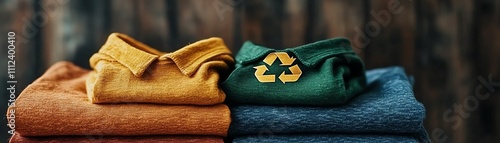 Sustainable clothing with a recycle logo, emphasizing ecofriendly materials and encouraging consumers to reject fast fashion in favor of environmental conservation photo