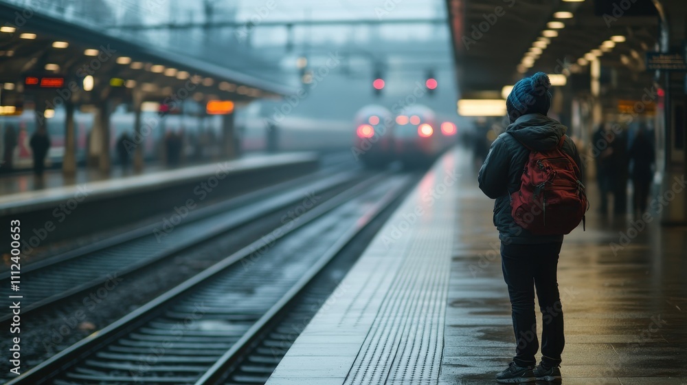 Fototapeta premium Person Standing in Train Station with Arms Crossed, Preparing to Board a Train during a Foggy Day