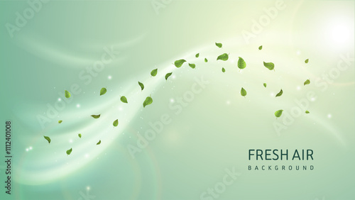 Fresh air background. Wind swirl with green leaves and fresh air inscription. Windflow and breath. Care about nature and environment. Template for banner and cover. Realistic vector illustration