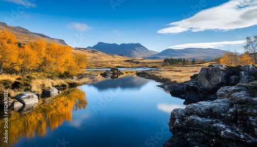 Tranquil Scottish Highlands Landscape with Reflective River, Autumn Foliage, Majestic Mountains, and Clear Blue Sky in Perfect Harmony with Nature