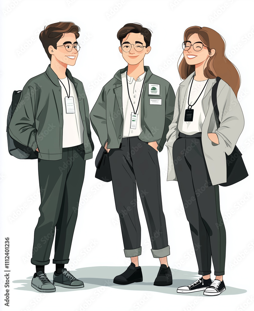 Group of young adults chatting casually in stylish attire at a conference Group of young adults chatting casually in stylish attire at a conference
