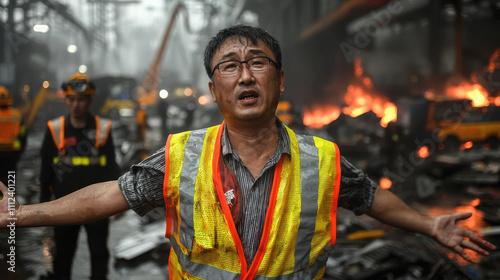 factory worker in reflective vest stands amidst chaos, expressing concern during emergency situation with flames and smoke in background