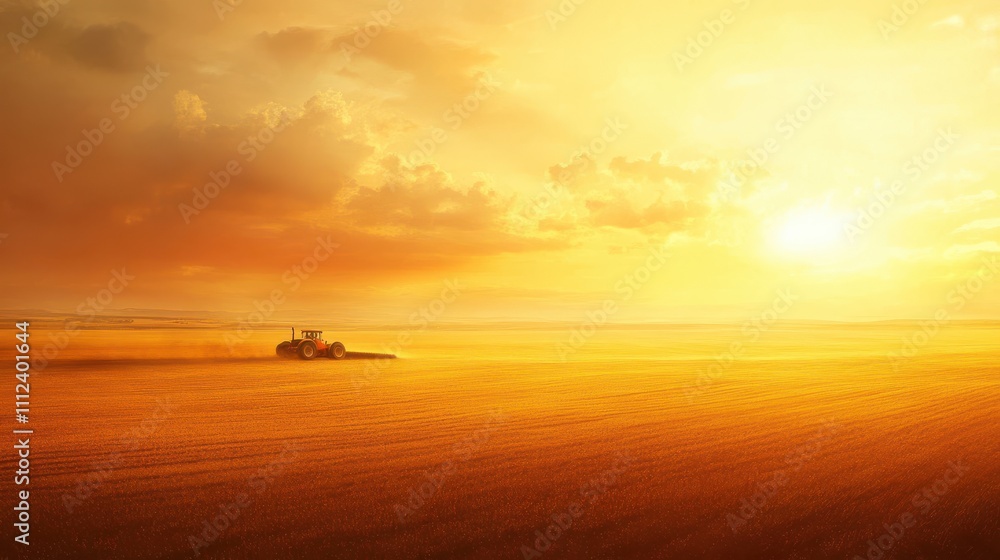 Tranquil Landscape at Sunset with a Tractor Tilling Fields Under a Beautiful Horizon Filled with Warm Orange and Yellow Hues Tranquil Landscape at Sunset with a Tractor Tilling Fields Under a Beautiful Horizon Filled with Warm Orange and Yellow Hues