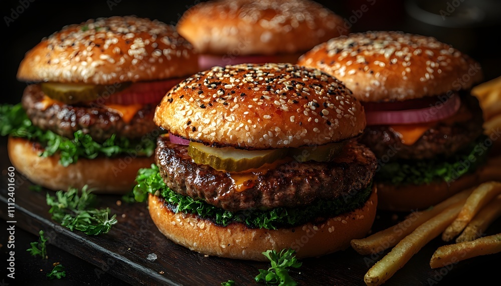 juicy grilled beef burgers stacked high, featuring perfectly seared patties with a mouthwatering smoky char. Served on toasted sesame seed buns, frech frieds. Ai image. with frieds juicy grilled beef burgers stacked high, featuring perfectly seared patties with a mouthwatering smoky char. Served on toasted sesame seed buns, frech frieds. Ai image. with frieds