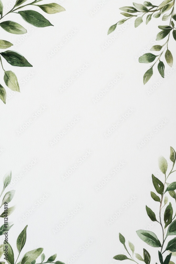A serene design featuring green leaves framing a blank white background, perfect for invitations, stationery, or nature-themed projects. A serene design featuring green leaves framing a blank white background, perfect for invitations, stationery, or nature-themed projects.