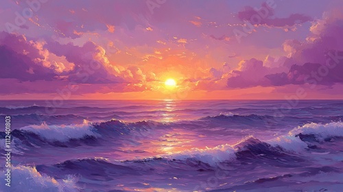 A vibrant sunset over a calm sea with a golden sun and fluffy pink clouds.
