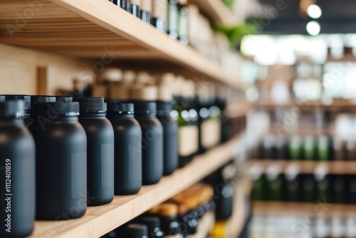 A modern shelf displays an array of black jars, showcasing a range of products in a stylish store, emphasizing organization and aesthetics.