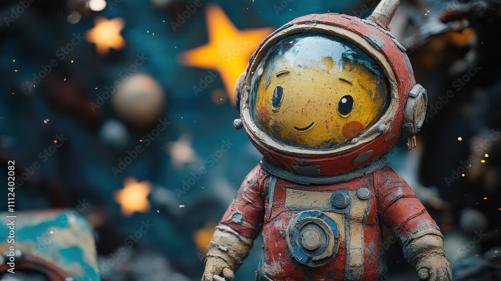 A smiling astronaut doll with a red and yellow spacesuit stands before a starry background. A smiling astronaut doll with a red and yellow spacesuit stands before a starry background.