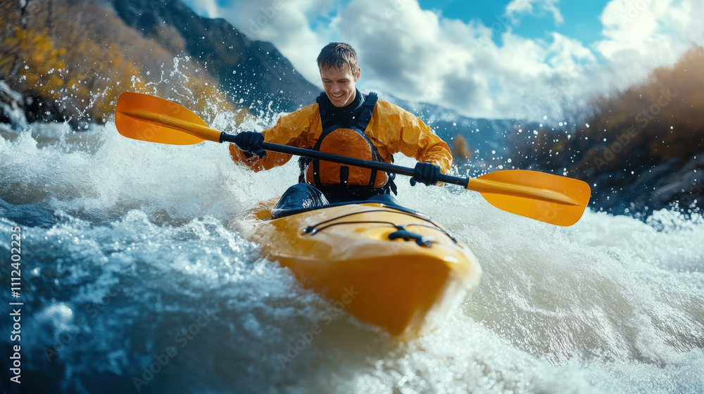 Young man kayaking through white water rapids in scenic natural environment Young man kayaking through white water rapids in scenic natural environment