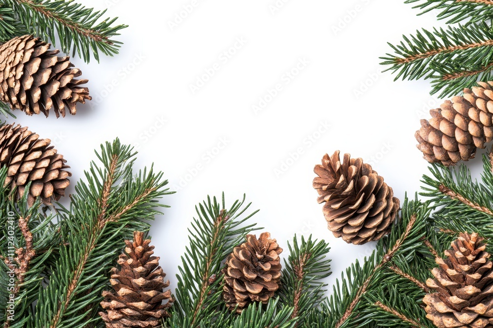 Fir twigs and pine cones arranged in a festive border style for a Christmas banner, vector art on white background Fir twigs and pine cones arranged in a festive border style for a Christmas banner, vector art on white background