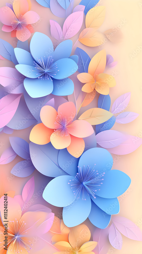 Vibrant floral background with 3D paper cut out flowers and leaves Vibrant floral background with 3D paper cut out flowers and leaves