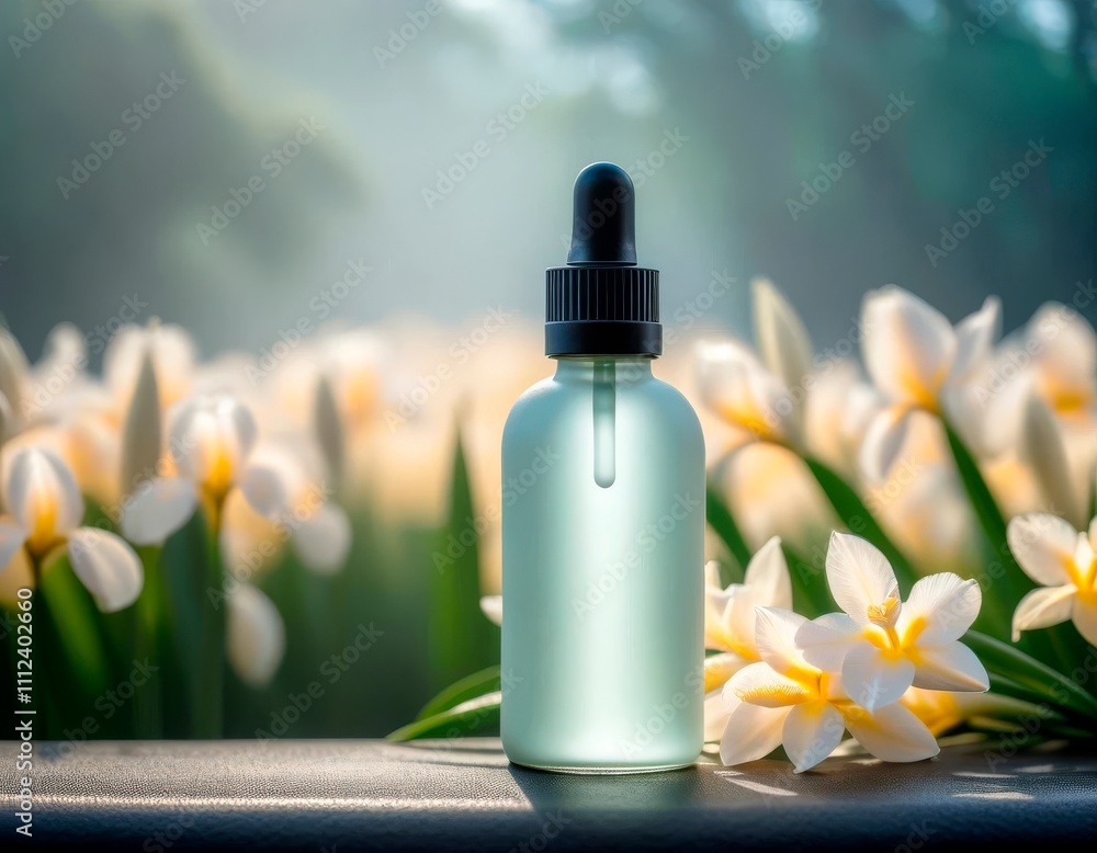 A dropper bottle on a background of pale yellow irises. Cosmetics for skin care. A dropper bottle on a background of pale yellow irises. Cosmetics for skin care.