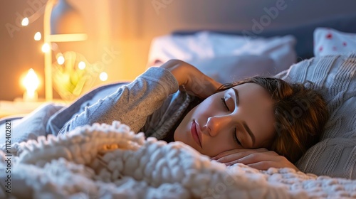 Person lying in bed with half-closed eyes, surrounded by dim light and shadows, symbolizing irregular sleep patterns and lack of restful sleep. photo