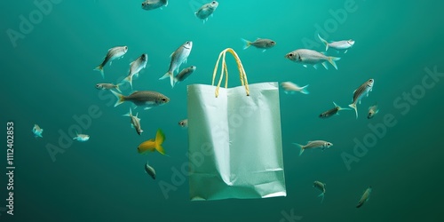 Tiny Fish Swimming Around a Lonely Paper Bag Underwater in a Clear Blue Ocean Environment photo