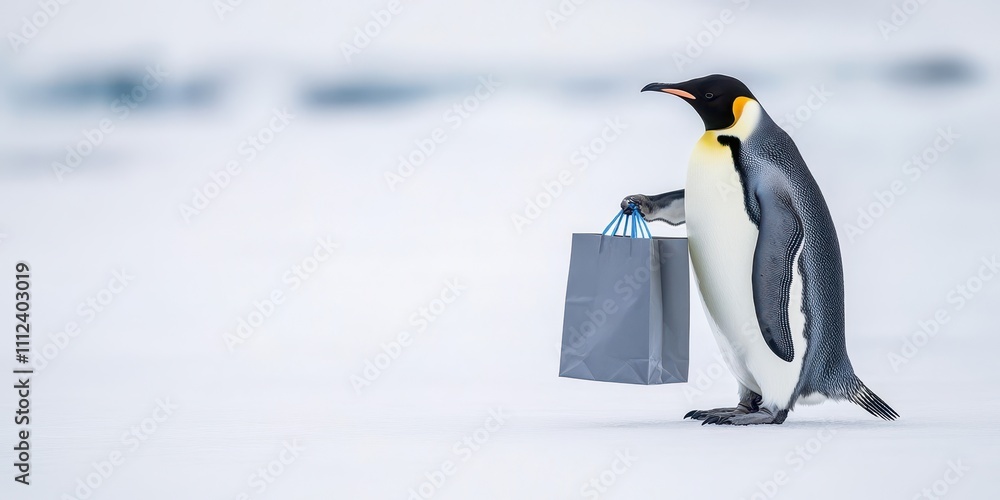 Obraz premium Charming Penguin Waddles on Ice with Shopping Bag in Its Flipper among Snowy Landscape