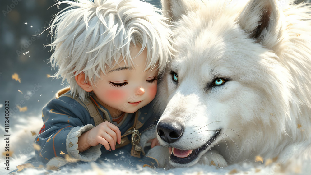 Naklejka premium Boy and White Wolf