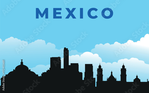 Mexico. Black silhouette of the city skyline. Vector on the background of blue sky with white clouds	