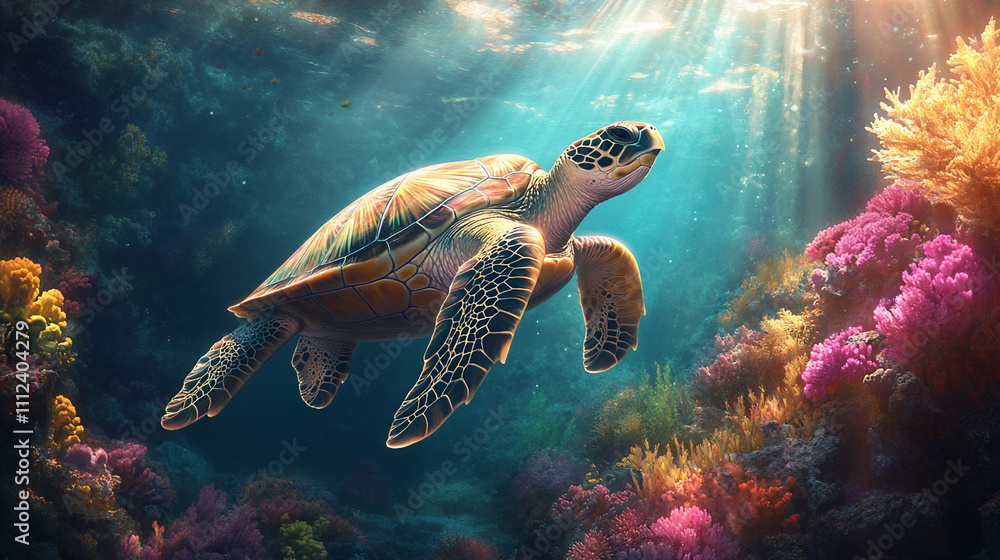 Naklejka premium A vibrant coral reef with a turtle swimming grace_0425