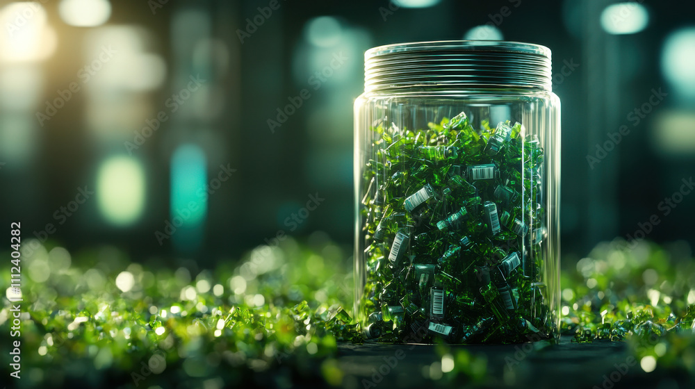Follow safety tips while installing a battery to avoid damage concepts. A glass jar filled with old battery in a lush, illuminated environment. Follow safety tips while installing a battery to avoid damage concepts. A glass jar filled with old battery in a lush, illuminated environment.