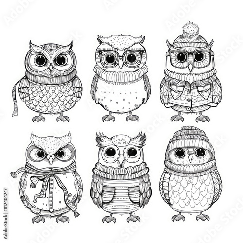 Cute funny owls in clothes. Line art baby character illustration. Coloring book for kids photo