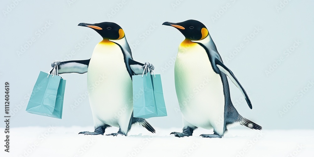 Fototapeta premium Two Penguins Waddle Side by Side Holding Shopping Bags in a Snowy Landscape