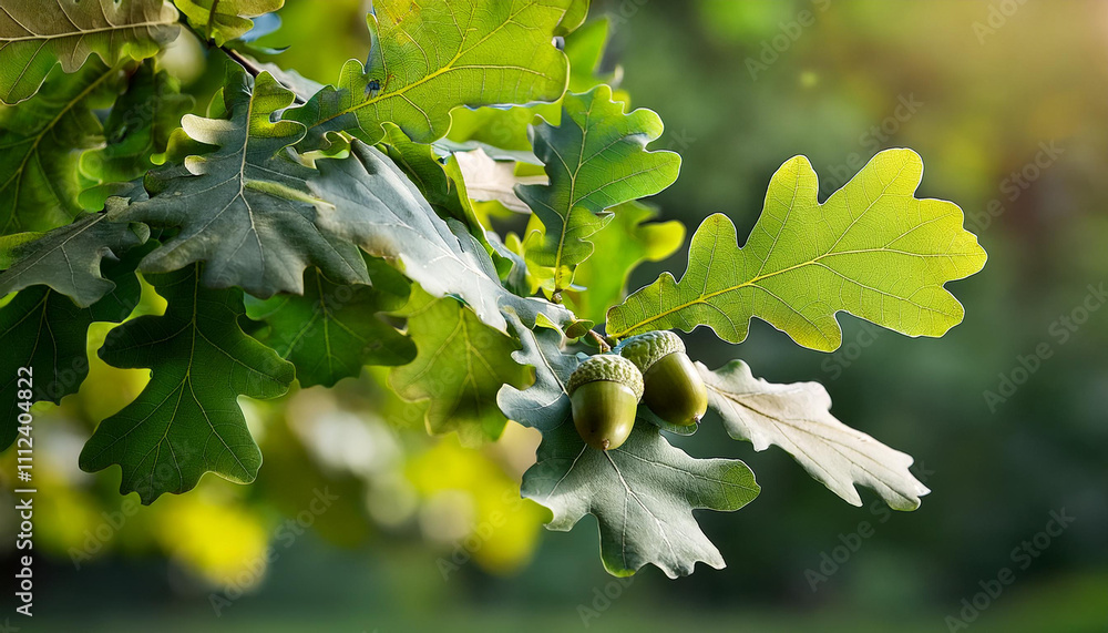 Close up green leaves of oak tree with acorns in park. Tree branch foliage. Tranquil woods, forest