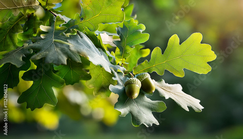 Obraz na płótnie Close up green leaves of oak tree with acorns in park. Tree branch foliage. Tranquil woods, forest w salonie
