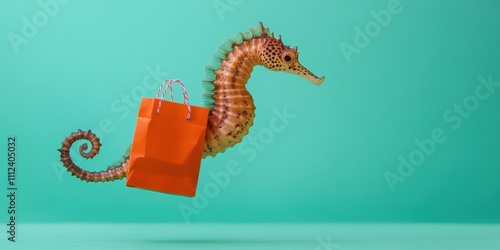 A Seahorse Carrying a Tiny Shopping Bag in a Vibrant Aqua Background photo