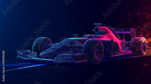 Polygonal wireframe illustration of a formula race car, showcasing geometric design and speed, perfect for motorsport concepts, championship tracks, and high performance competitions photo