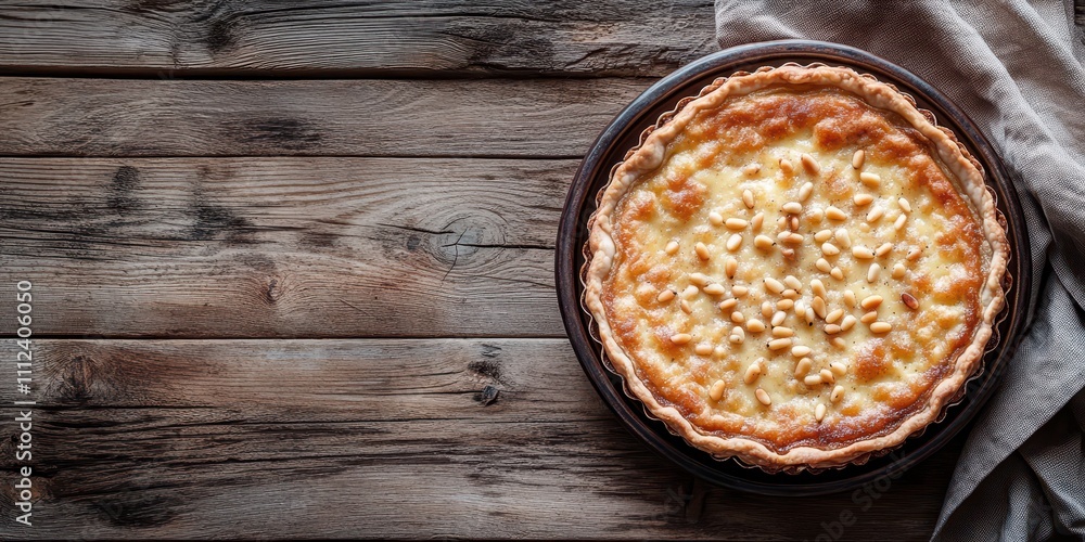 Custard-filled tart with pine nuts, plated on a rustic ceramic dish, wooden surface, top view, text space reserved.