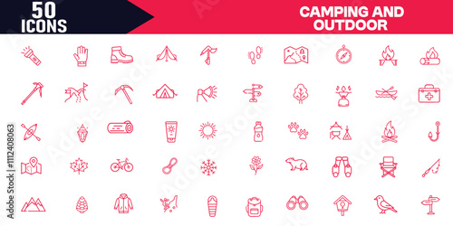 Camping and Outdoor Editable Stroke Outline Icons Set , Trailer Park, RV Dump, Hiking Trail, Green Zone, Lodging Vector Illustration