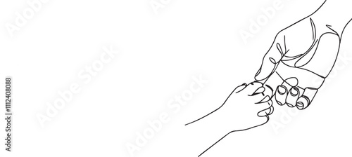 Continuous line illustration of father and son hands. One line drawing of young