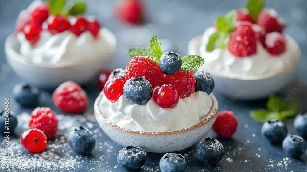 Fresh and Creamy Dessert Bowls with Berries on a Dark Background, Perfectly Arranged with Raspberries, Blueberries, and Mint Garnish for a Delicious Treat Fresh and Creamy Dessert Bowls with Berries on a Dark Background, Perfectly Arranged with Raspberries, Blueberries, and Mint Garnish for a Delicious Treat