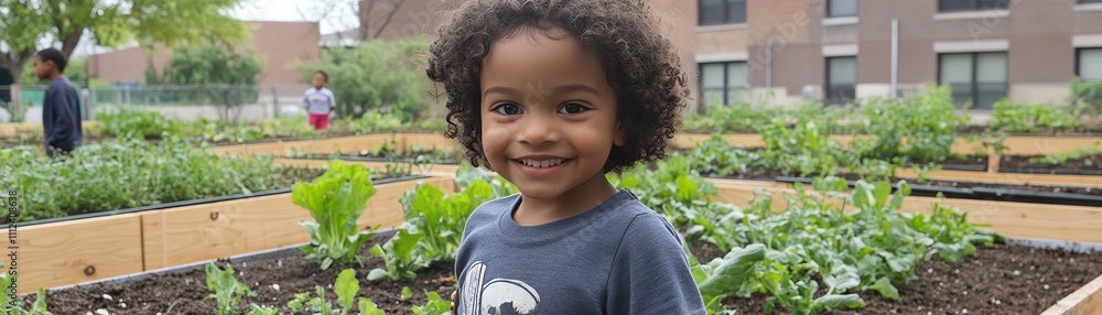 A child with curly hair holding a small watering can A child with curly hair holding a small watering can