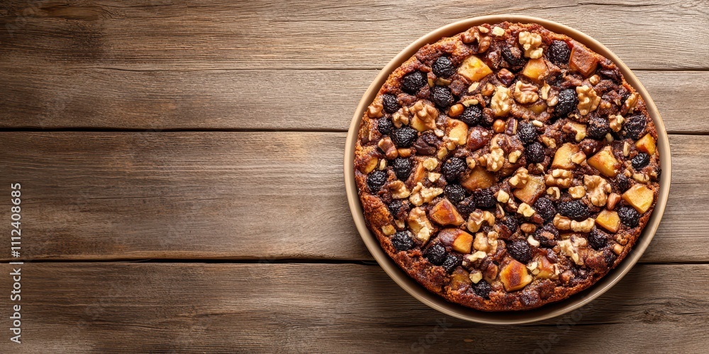 Traditional Panforte fruit and nut cake plated on a rustic ceramic dish, wooden surface, reserved text space. Traditional Panforte fruit and nut cake plated on a rustic ceramic dish, wooden surface, reserved text space.