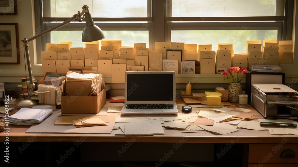 organized desk with mail organized desk with mail