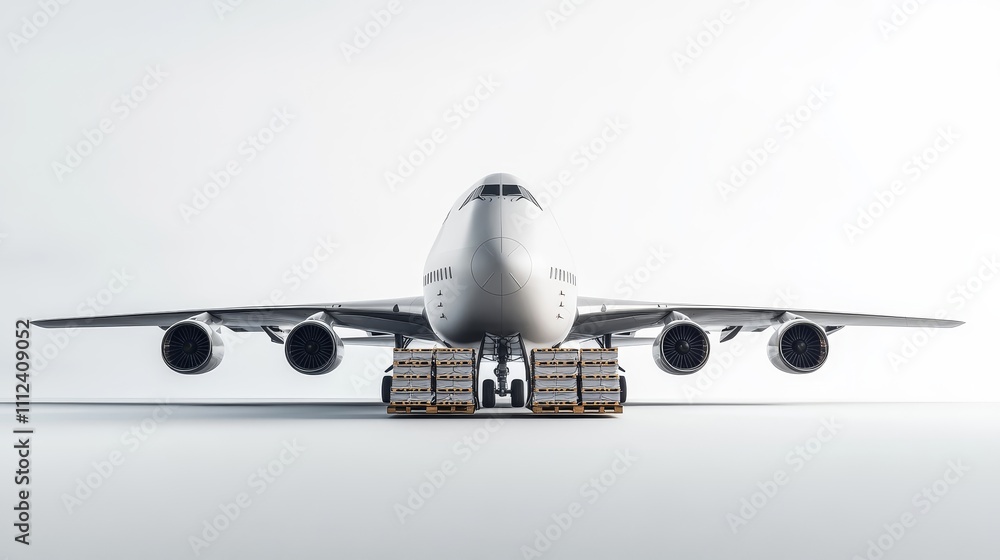 A cargo airplane with its massive rear doors open, pallets neatly stacked inside, displayed on a smooth white background, sharp focus and clean lines - A cargo airplane with its massive rear doors open, pallets neatly stacked inside, displayed on a smooth white background, sharp focus and clean lines -