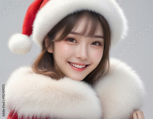 Portrait of a beautiful young woman wearing a Santa Claus hat and a fur coat. White background. Christmas image. Card design.サンタクロースの帽子をかぶってファーコートを着た美しい若い女性のポートレート。白背景。クリスマスのイメージ。カードデザイン。 photo