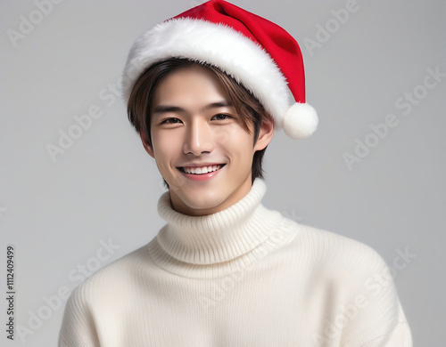 Portrait of a young handsome male model wearing a Santa Claus hat and a turtleneck sweater. Christmas image.サンタクロースの帽子をかぶってタートルネックのセーターを着た若いイケメン男性モデルのポートレート。クリスマスのイメージ。 photo